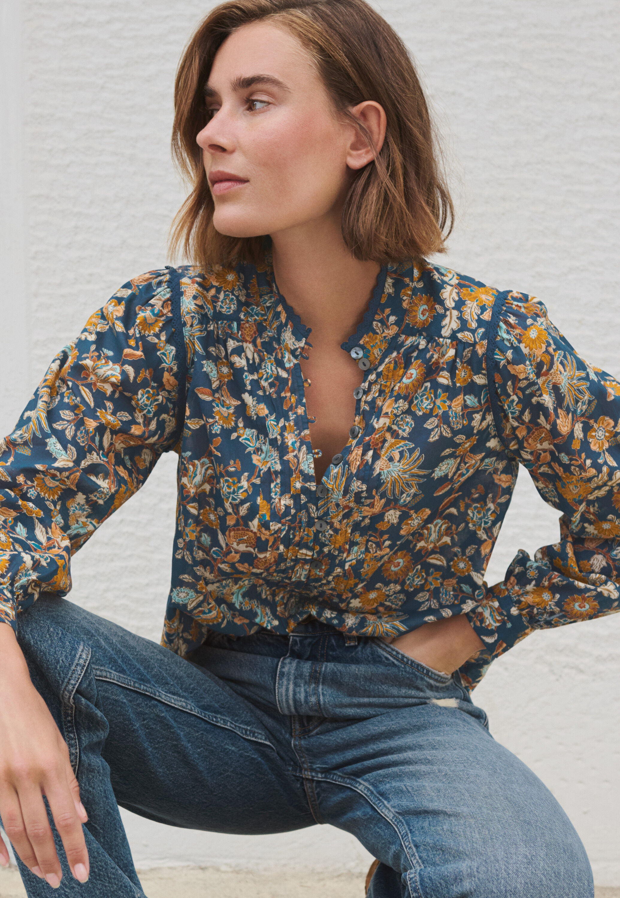 Bedruckte Bluse mit Faltendetails, Indigo/Ocker, large