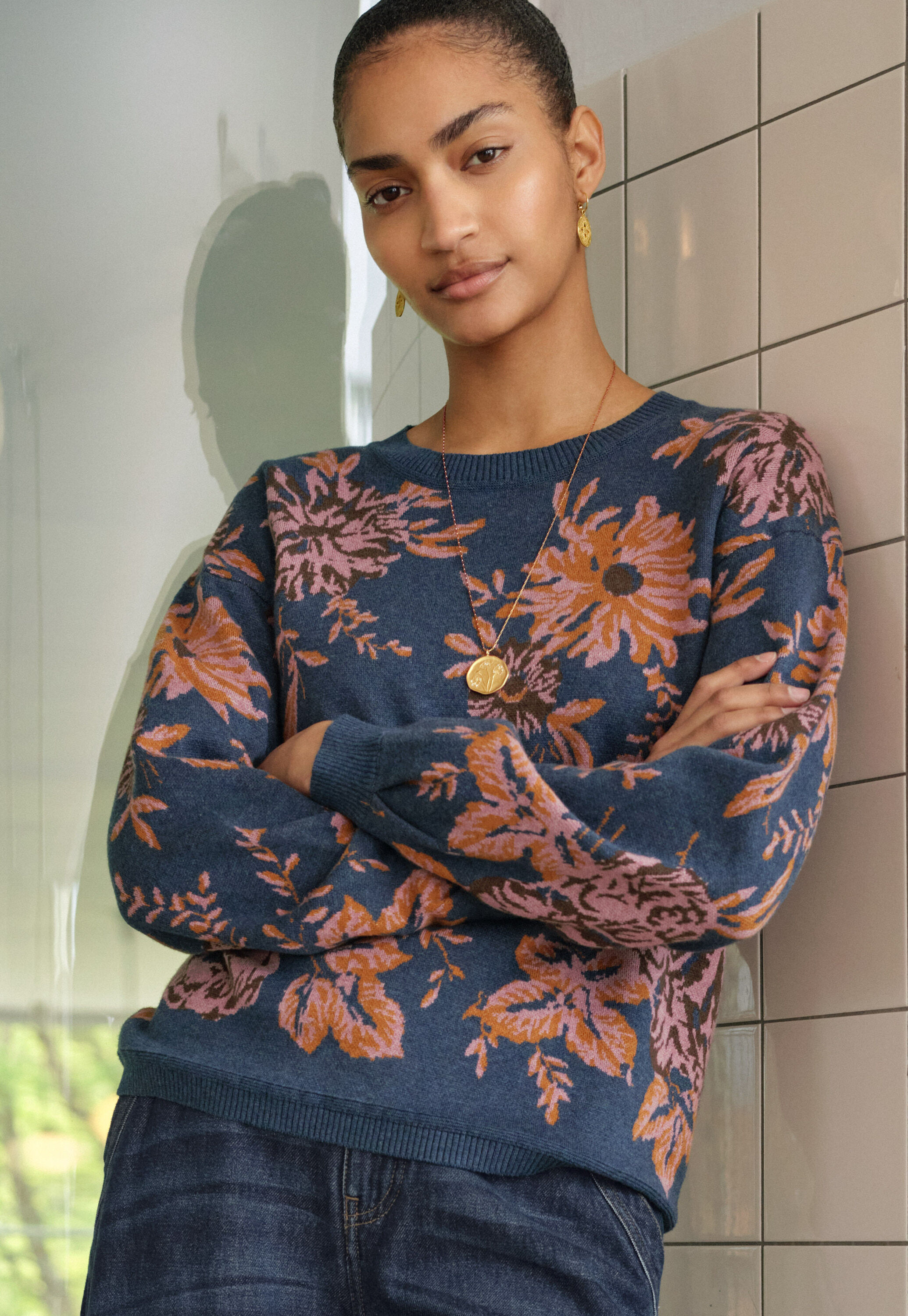 Jacquard-Pullover, Indigo/Ingwer, large