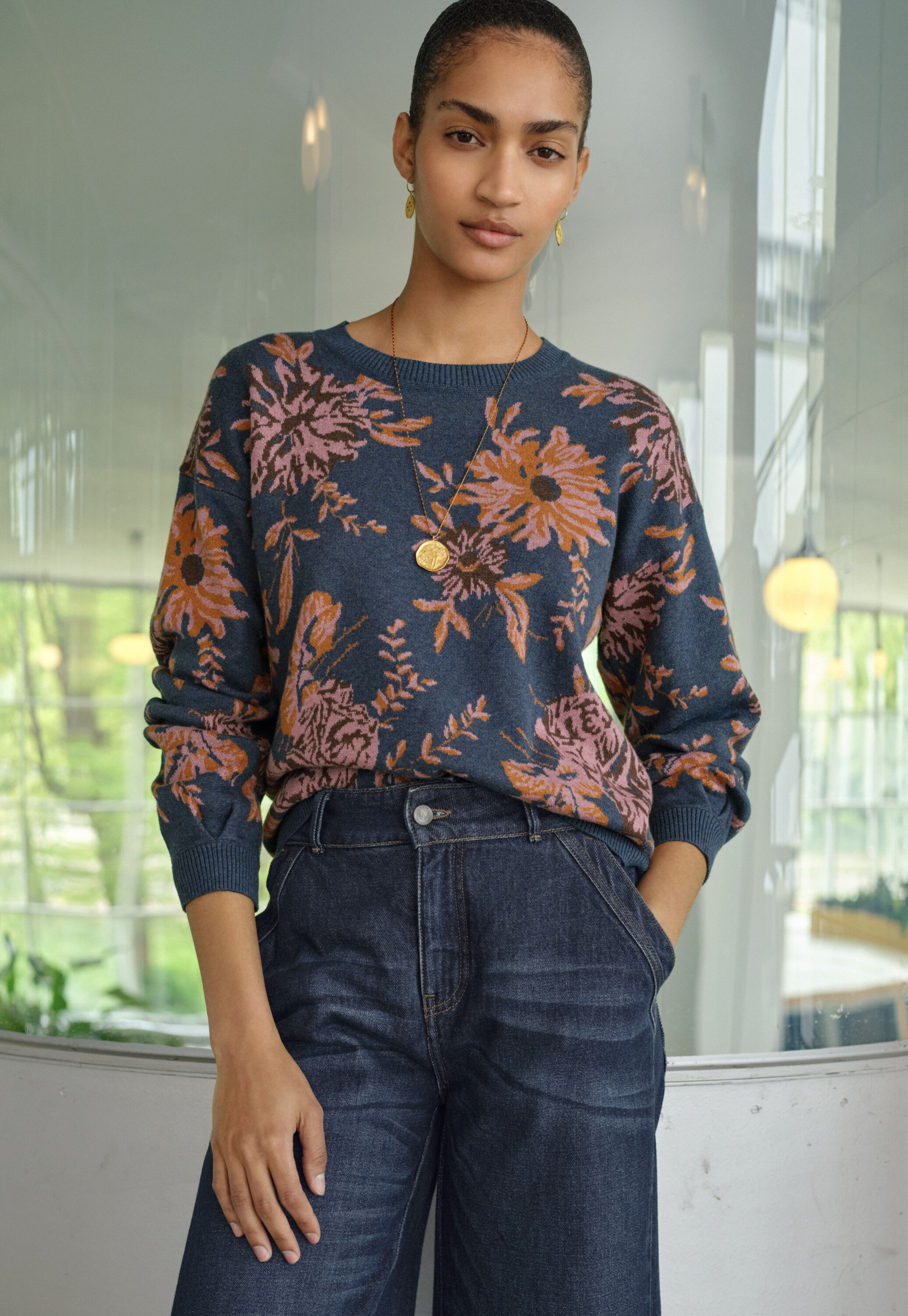 Jacquard-Pullover, Indigo/Ingwer, large