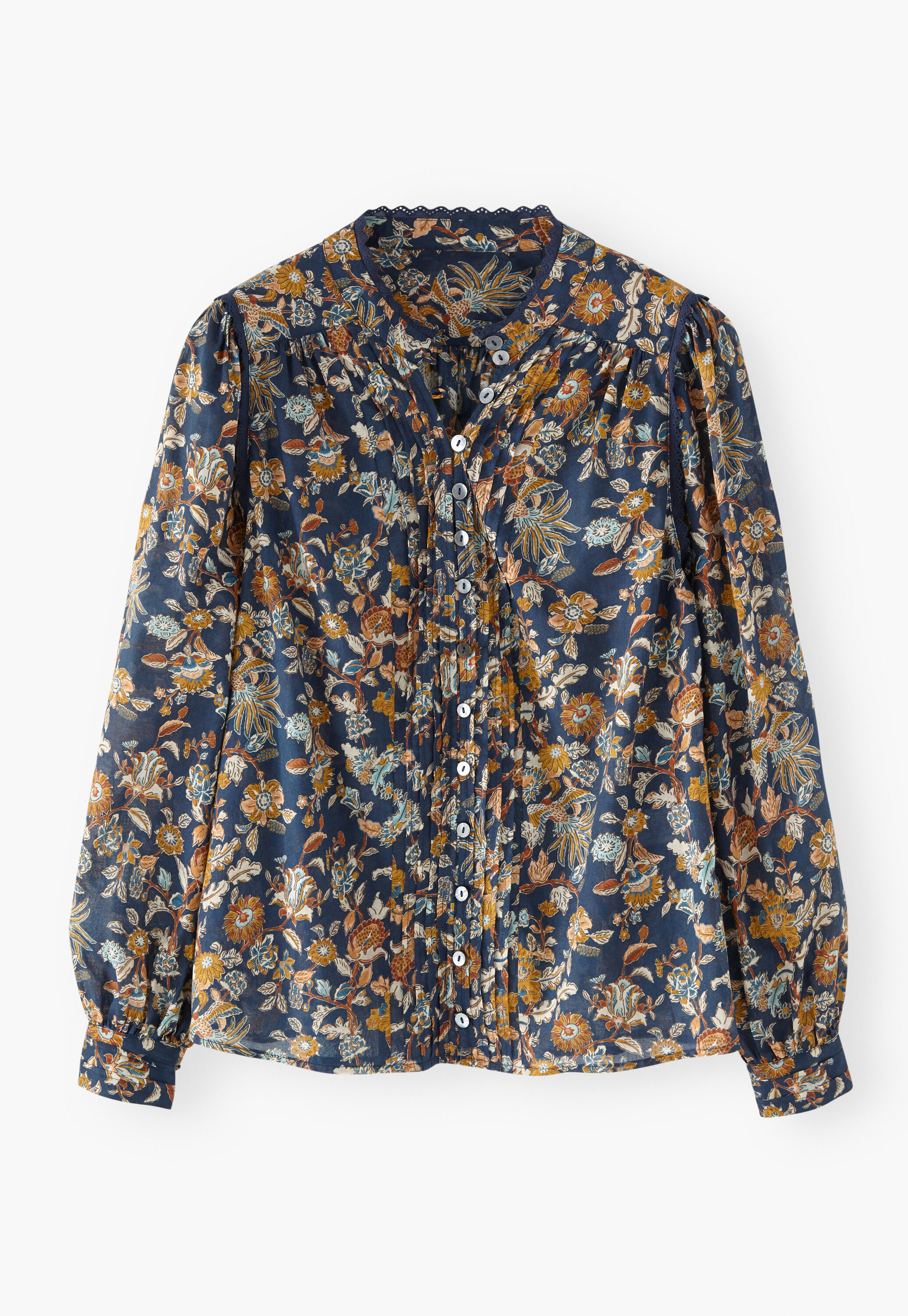 Bedruckte Bluse mit Faltendetails, Indigo/Ocker, large