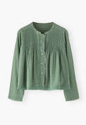 Gesmokte Bluse, Rauchiger Smaragd, webstill