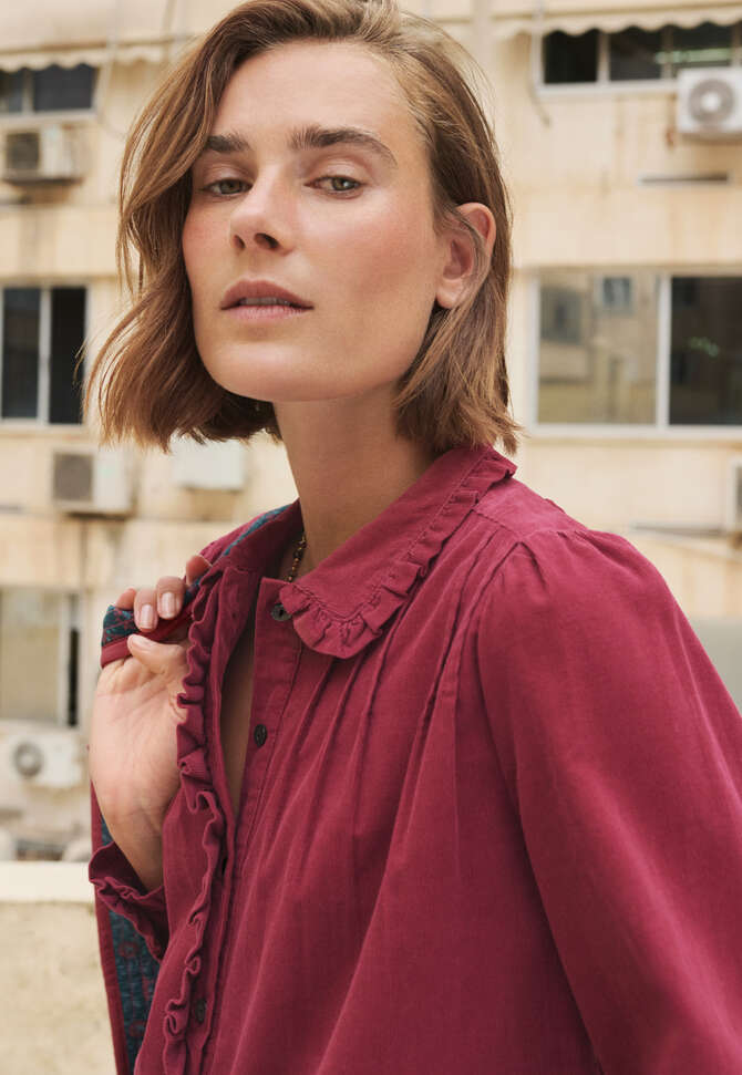 Faltenbluse aus Cord, Granat, completeTheLook