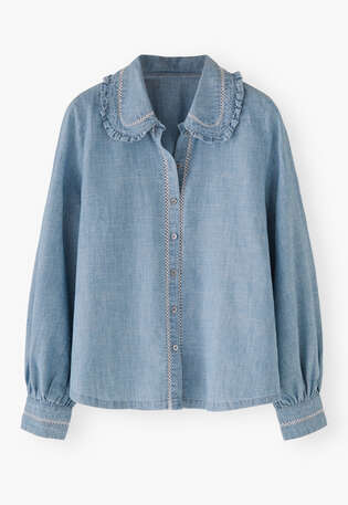 Bluse mit R&uuml;schenkragen, Gewaschenes Indigo, webstill