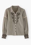 Bestickte Bluse mit eingewebten Streifen, Kohlschwarz/Ecru, webstill