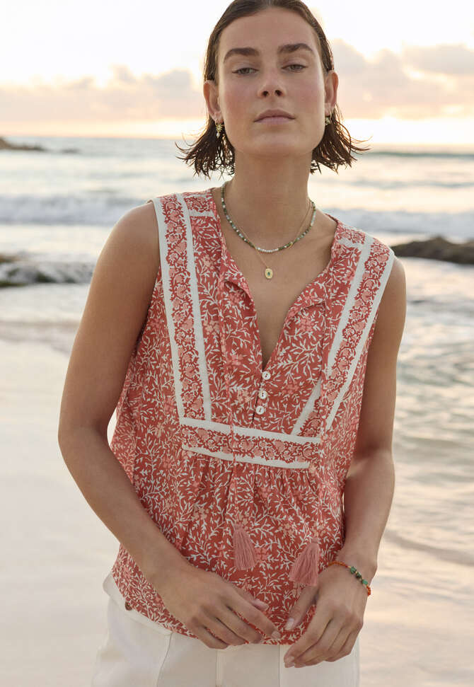 Bedrucktes &auml;rmelloses Top, Dukle Koralle, completeTheLook