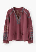 Bestickte Bluse, Tiefes Rosenholzrot, webstill